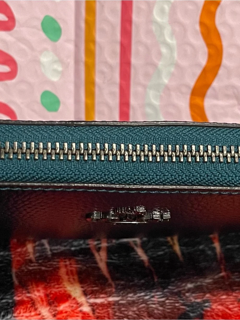 Coach Metallic Teal Pebbled Leather Zip Wallet with Gun Metal Logo & Zipper